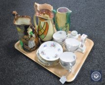 A tray containing six Royal Vale china trios, Aynsley vase, Burleigh ware old feeding time jug,