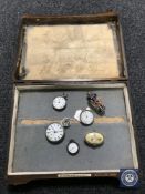 Four silver pocket/fob watches, an enamel pill box and a scent bottle,