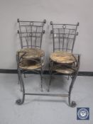 Four wooden seated and metal garden chairs plus a metal garden table frame