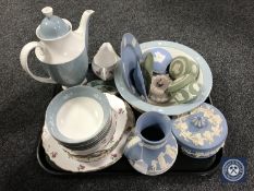 A tray of assorted tea plates, teapot, Doulton Refection's bowl,