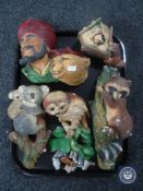 A tray of five Bossons wall plaques and seven Wade whimsies