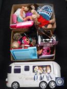 Two boxes of assorted dolls, Cabbage Patch doll, Bratz tour bus,