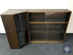 A set of oak sliding glass door bookcase together with an oak glazed corner cabinet
