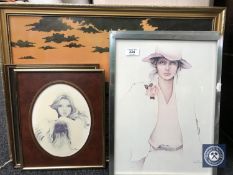 Four chrome framed Sarah Moon prints depicting ladies together with an oil on board by A.