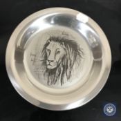 A sterling silver Bernard Buffet shallow dish depicting a lion,