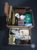 Two boxes of tins, wooden spoon racks, boxed Ringtons ware,
