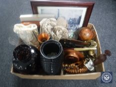 A box of glass vases, Lowry prints, brass and copper ware,