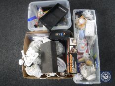 Three boxes of assorted electricals, fittings, paint brushes, paint stripper,