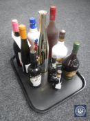 A tray of ten bottles of wines and spirits