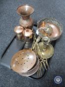 A tray of assorted brass and copper ware - Art Nouveau vase,