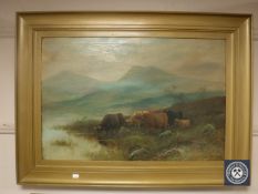 T Wood (19th century) : Highland cattle watering by a loch, oil on canvas, 75 cm x 50 cm, signed,
