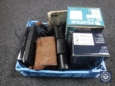 A crate of assorted cameras - boxed Brownie, digital cameras, Ipod docking station,