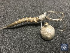 A 19th century Anglo-Indian antelope horn-handled white metal mounted gimbal cigar lighter,