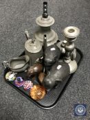 A tray of pewter candlesticks, pewter teapot and coffee pot, milk jug,