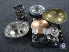 A tray of kitchen scales and weights, plated teapot, swing handled basket, copper lidded pan,