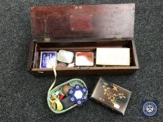 A Victorian inlaid mahogany table box of sewing equipment and trinket box