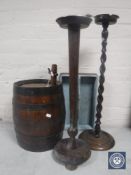 Two smoker's stands together with a miniature coopered oak barrel and a cutlery tray