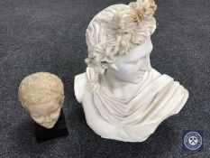 A chalk bust of Apollo and a BM replica bust of a child's head on plinth CONDITION