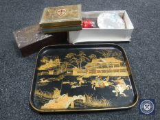 A 20th century Japanese lacquered tray together with a box containing Victorian mirror,