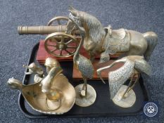 A tray of assorted brass ware, cannon on stand,