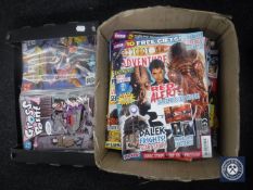 Two boxes of Dr Who Adventure magazines and box of DC and Marvel comics