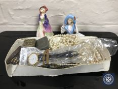 A box of costume jewellery, simulated pearls, china dolly top, miniature Royal Doulton figure,