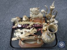 A tray of Eastern style brass ware - Chinese gods, foo dog,