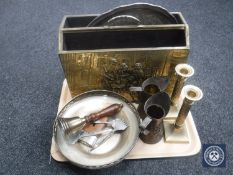 A tray of brass magazine rack, candlesticks, plated bowl,