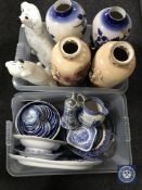 Two boxes of two pairs of Victorian vases, blue and white china, Royal Copenhagen plates,