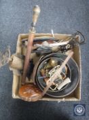 A box of antique and later metal ware - rose sprayer, kitchen scales, cast iron door stop,