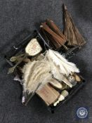 A basket of vintage feather hand fans, petit point dressing table brushes, part Victorian parasol,