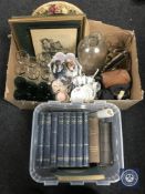A box containing books including Pictorial Knowledge, Scottish pictures,