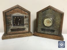 Two 1920's oak presentation mantel clock,