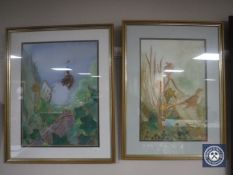 Two gilt framed pictures with gilded overlay depicting birds