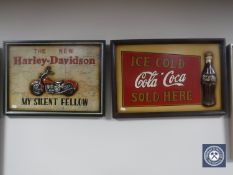Two wooden relief panels, Harley Davidson and Coca Cola,
