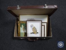 A mid 20th century luggage case containing five assorted framed pictures including Neil Hemming