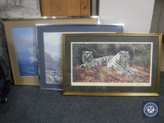 A gilt framed signed limited edition Anthony Gibbs print "White tigers ever watchful" and two