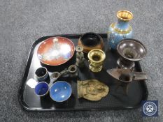 A tray of oriental wares including cloisonne vase, plate, finger bowl and napkin ring,