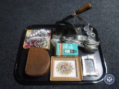 A tray of assorted costume jewellery, Haminex flash, vintage hand painted hole punch,