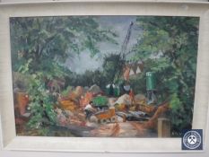 A 20th century framed oil on board, men labouring, signed N.A.