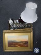 A box of brass table lamp, glass ware, metal ware,