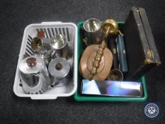 Two baskets of Sonar tea service, assorted boxed table cutlery, copper kettle,