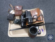A tray containing pair of Carl Zeiss binoculars, camera,