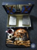 A mid 20th century cased picnic set and a tray of Toby jug, china, copper coffee pots,