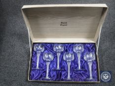 Six boxed Stuart Crystal etched twist stem wine glasses