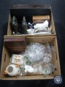 Two boxes of oak canteen of part cutlery, cased dessert spoons, glass ware,