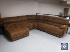 A good quality brown suede L-shaped lounge suite with reclining end (longest length approximately