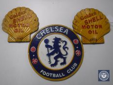 Three cast iron plaques - two Golden Shell Motor Oil and Chelsea FC crest