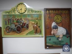 Two wooden relief panels, Epreuve D'Endurance and Eight Ball Poll,