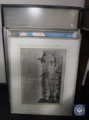 Six framed pictures to include a map of Alaska, reproduction warrant to execute Mary Queen of Scots,